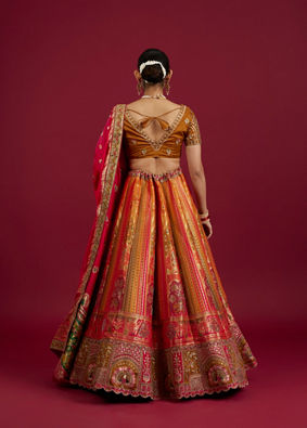 Mohey Women Orange and Pink Aari Embroidered Benarasi Lehenga image number 5