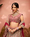 alt message - Mohey Women Exquisite Dusty Light Pink Velvet Crop Top Lehenga with Embroidery image number 1