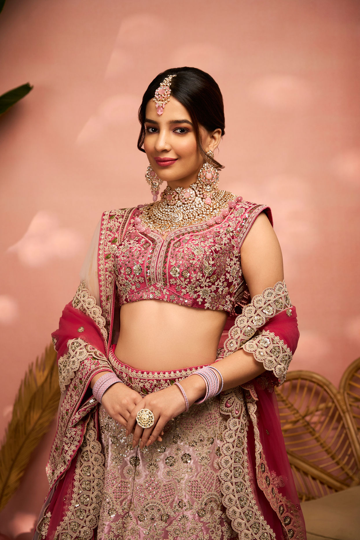 alt message - Mohey Women Exquisite Dusty Light Pink Velvet Crop Top Lehenga with Embroidery image number 1