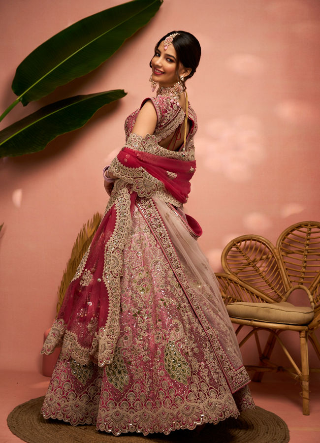 alt message - Mohey Women Exquisite Dusty Light Pink Velvet Crop Top Lehenga with Embroidery image number 2