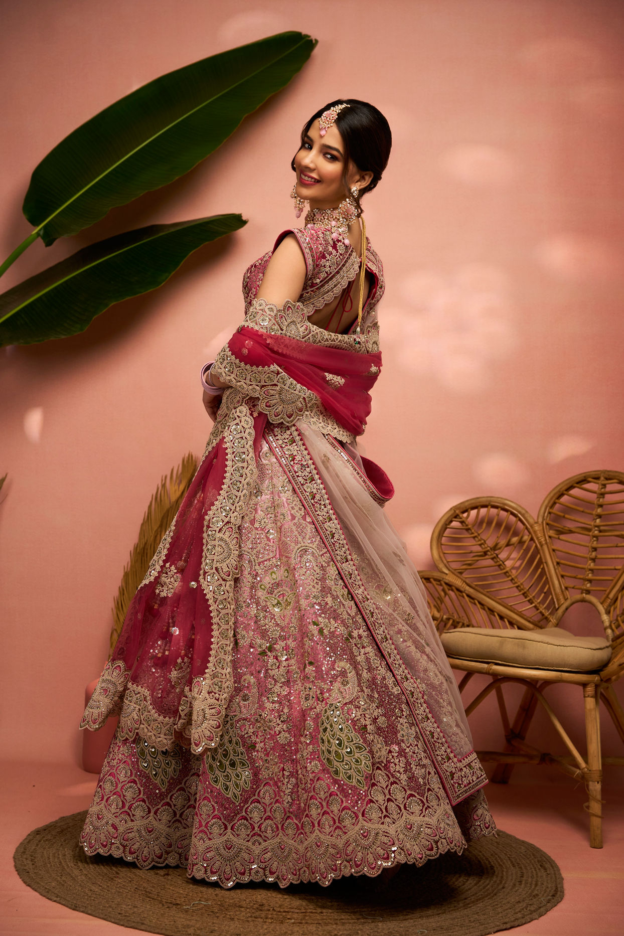 alt message - Mohey Women Exquisite Dusty Light Pink Velvet Crop Top Lehenga with Embroidery image number 2