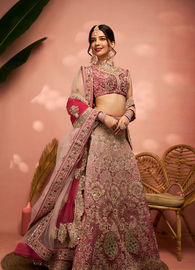 alt message - Mohey Women Exquisite Dusty Light Pink Velvet Crop Top Lehenga with Embroidery image number 0