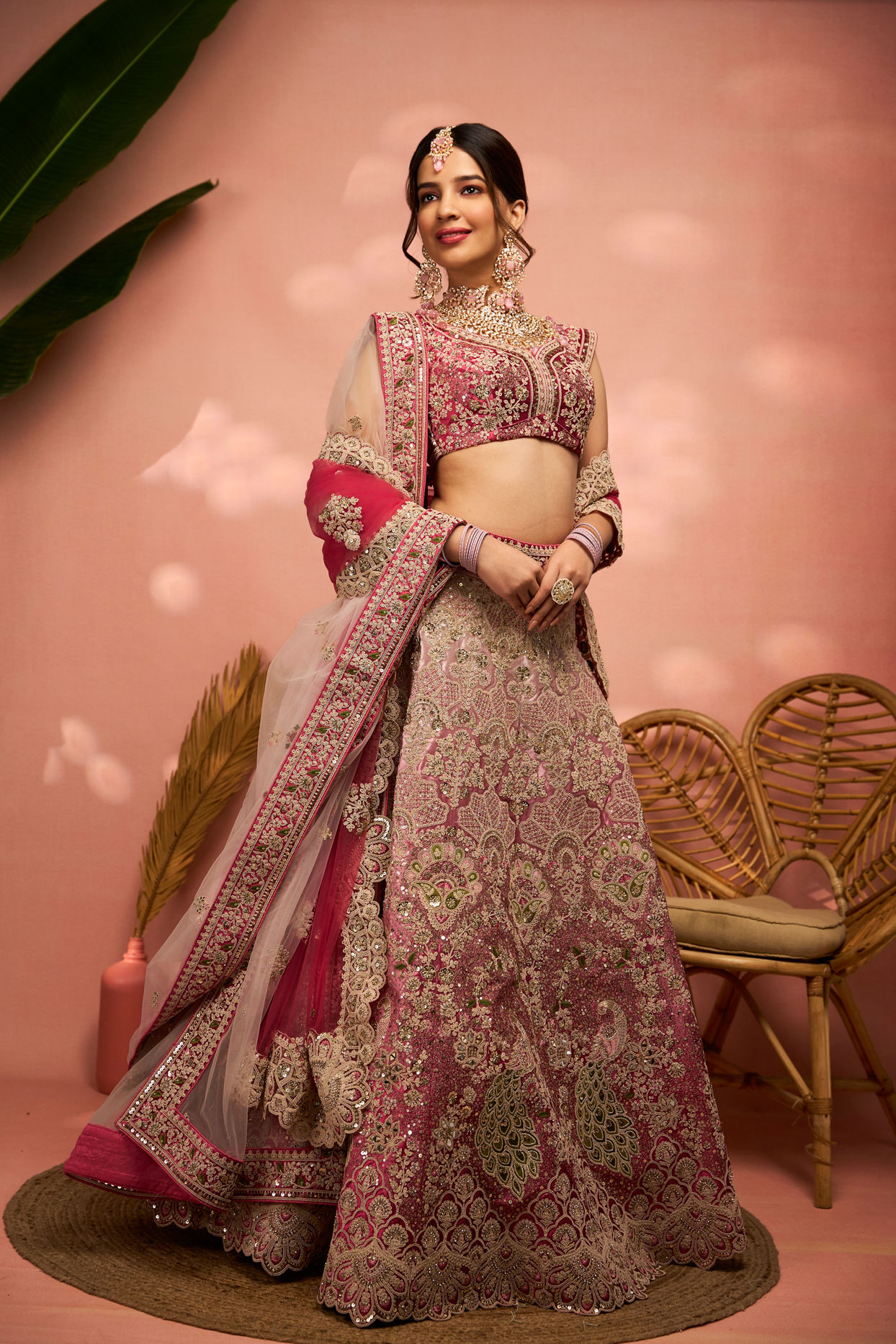 alt message - Mohey Women Exquisite Dusty Light Pink Velvet Crop Top Lehenga with Embroidery image number 0