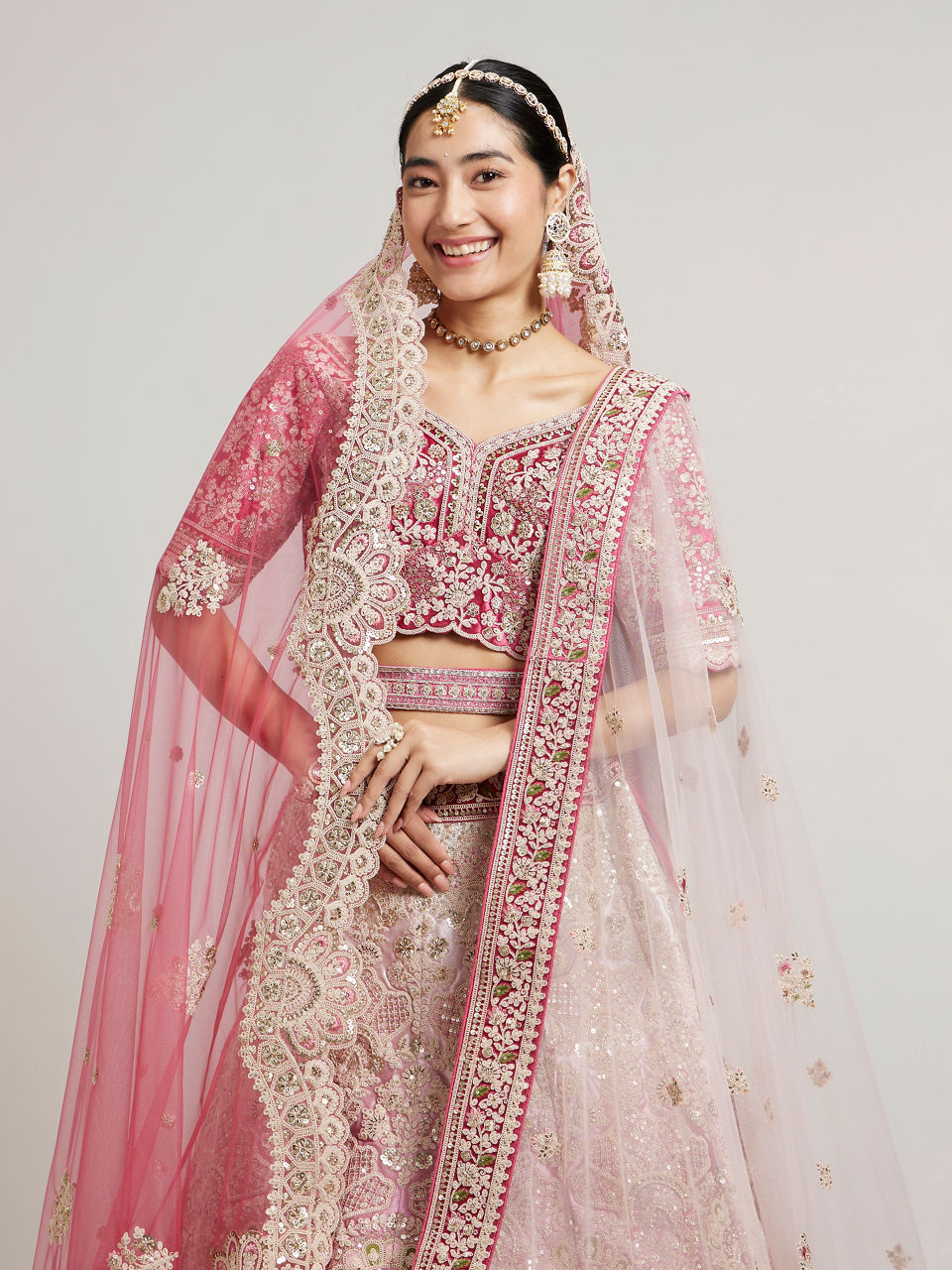 Mohey Women Exquisite Dusty Light Pink Velvet Bridal Lehenga with Embroidery