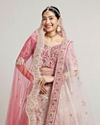 alt message - Mohey Women Exquisite Dusty Light Pink Velvet Crop Top Bridal Lehenga with Embroidery image number 1