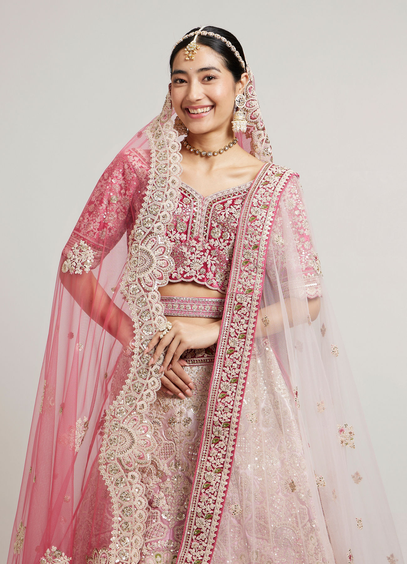 Mohey Women Exquisite Dusty Light Pink Velvet Crop Top Bridal Lehenga with Embroidery