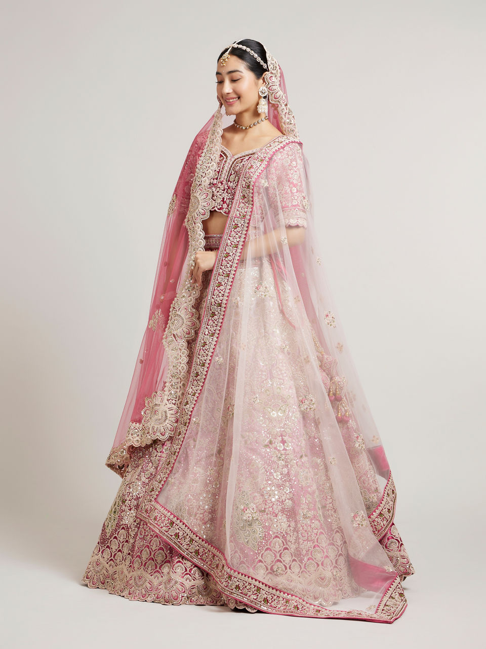 Mohey Women Exquisite Dusty Light Pink Velvet Bridal Lehenga with Embroidery