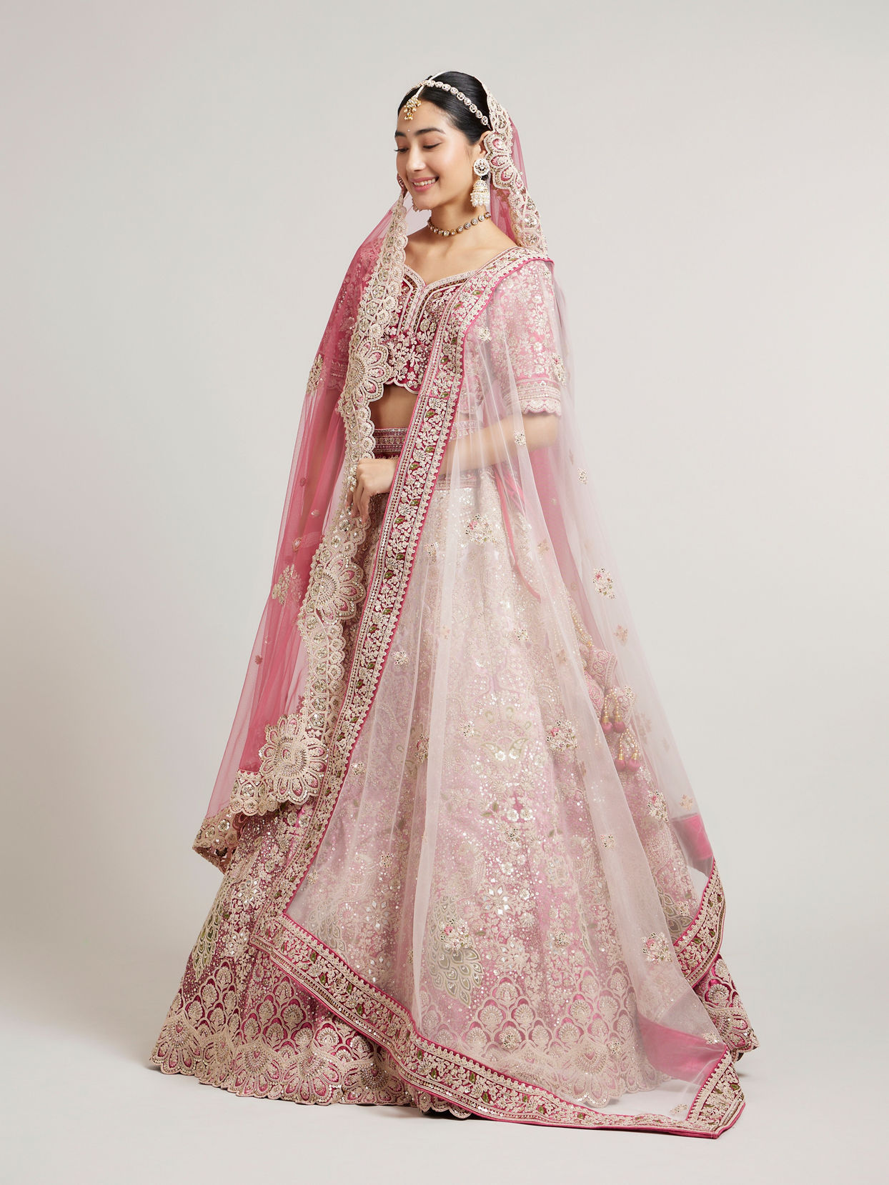 Mohey Women Exquisite Dusty Light Pink Velvet Crop Top Bridal Lehenga with Embroidery