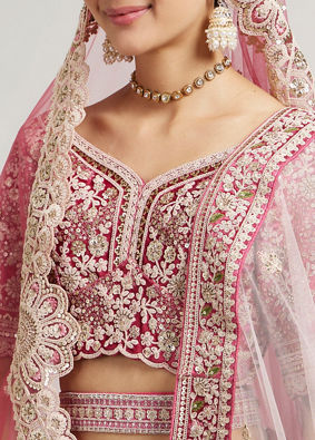 alt message - Mohey Women Exquisite Dusty Light Pink Velvet Crop Top Lehenga with Embroidery image number 3