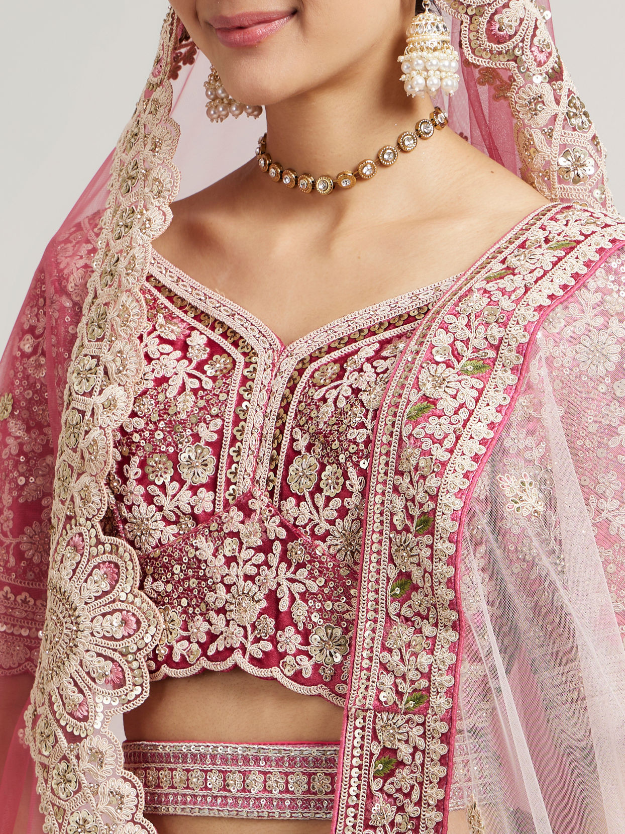 Mohey Women Exquisite Dusty Light Pink Velvet Crop Top Bridal Lehenga with Embroidery