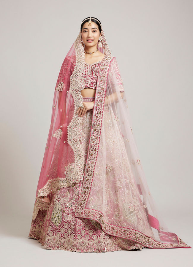 Mohey Women Exquisite Dusty Light Pink Velvet Bridal Lehenga with Embroidery