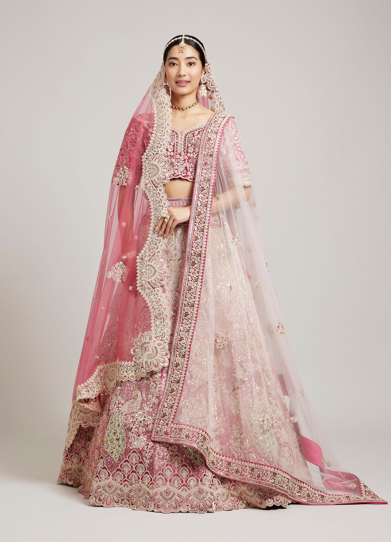 Mohey Women Exquisite Dusty Light Pink Velvet Crop Top Bridal Lehenga with Embroidery