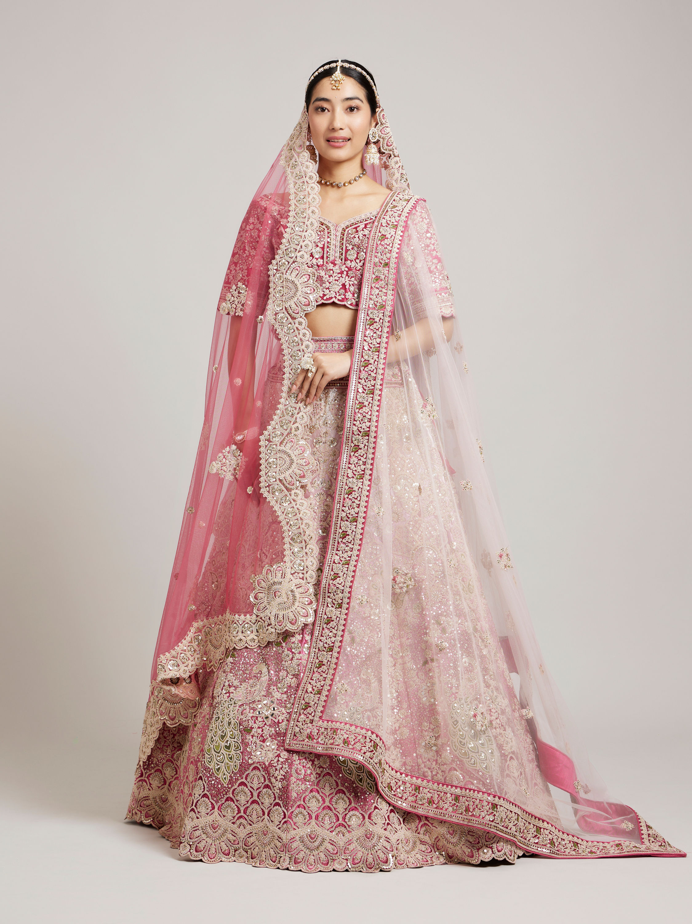 Mohey Women Exquisite Dusty Light Pink Velvet Crop Top Bridal Lehenga with Embroidery