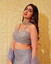 alt message - Mohey Women Ethereal Lilac Net Crop Top Lehenga with All-Over Mirror Work image number 1