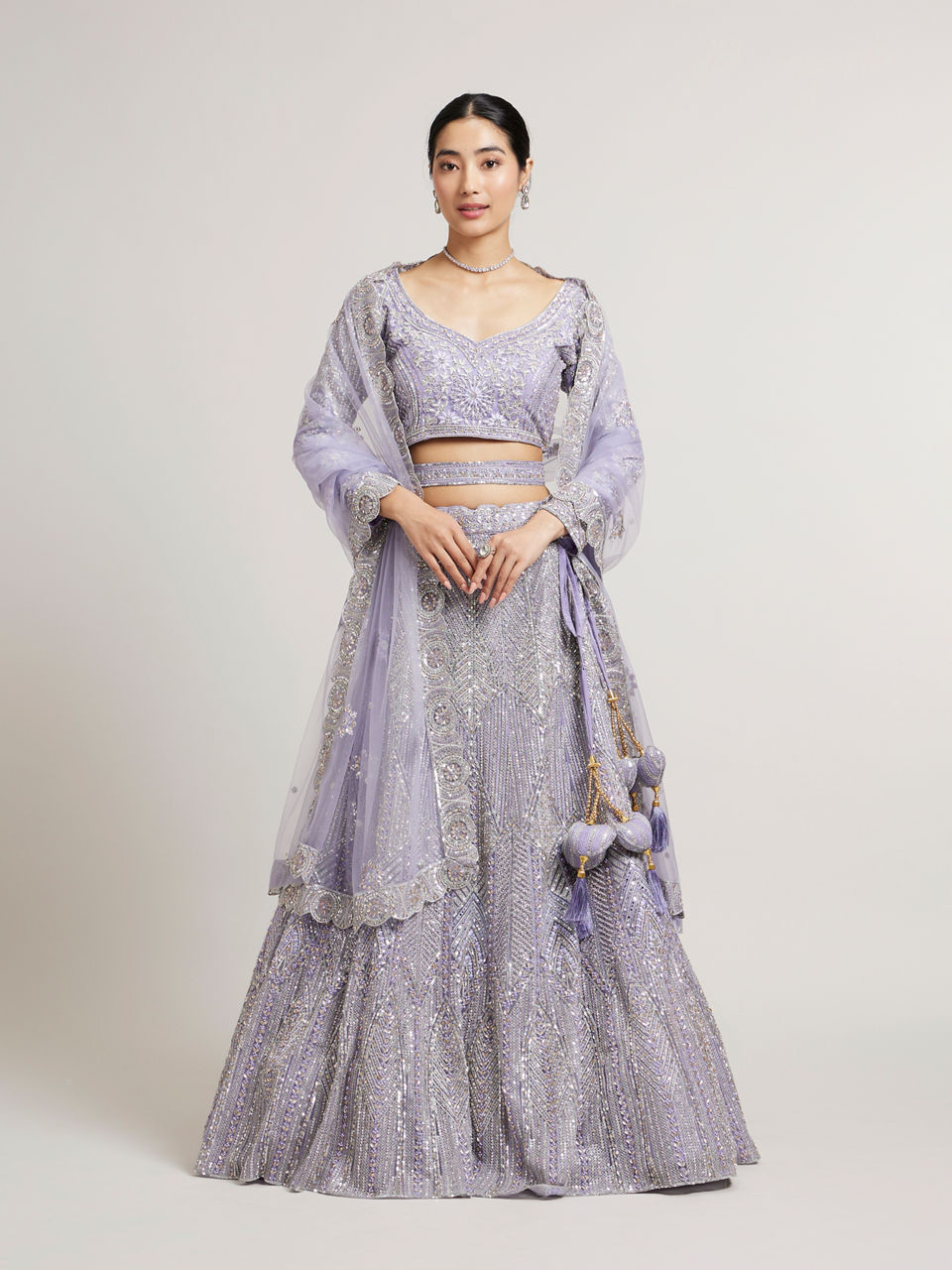 Mohey Women Ethereal Lilac Net Crop Top Bridal Lehenga with All Over Mirror Work