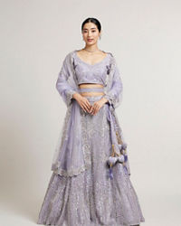 Mohey Women Ethereal Lilac Net Crop Top Bridal Lehenga with All Over Mirror Work