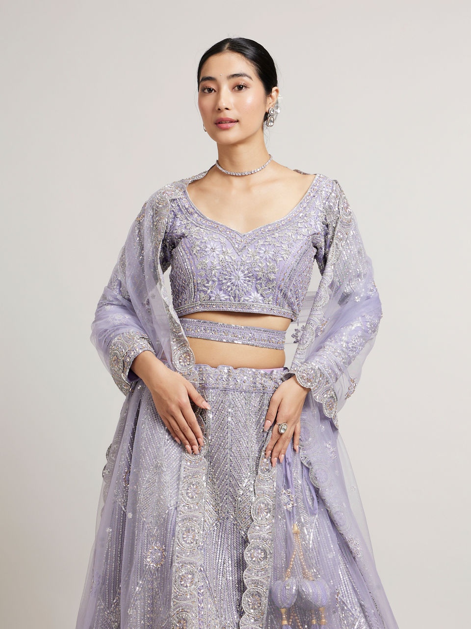 Mohey Women Ethereal Lilac Net Crop Top Bridal Lehenga with All Over Mirror Work