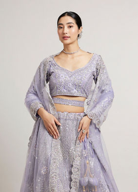 Mohey Women Ethereal Lilac Net Crop Top Bridal Lehenga with All Over Mirror Work