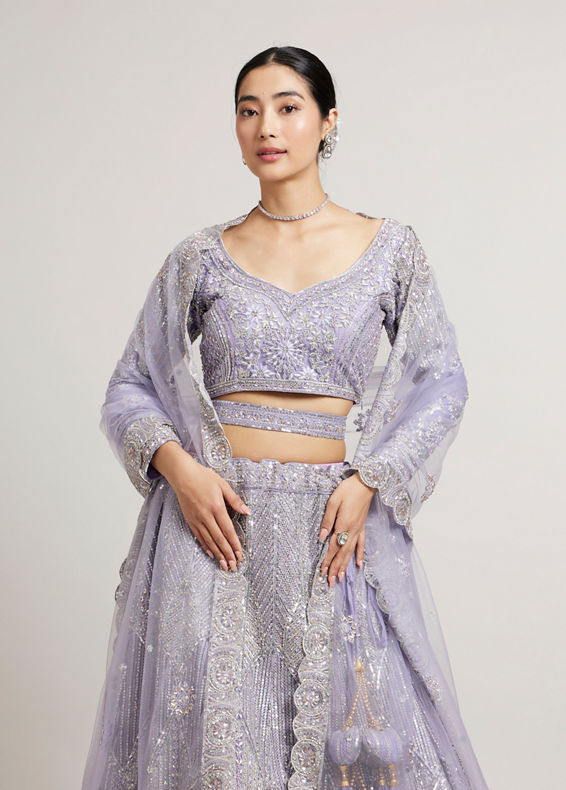Mohey Women Ethereal Lilac Net Crop Top Bridal Lehenga with All Over Mirror Work