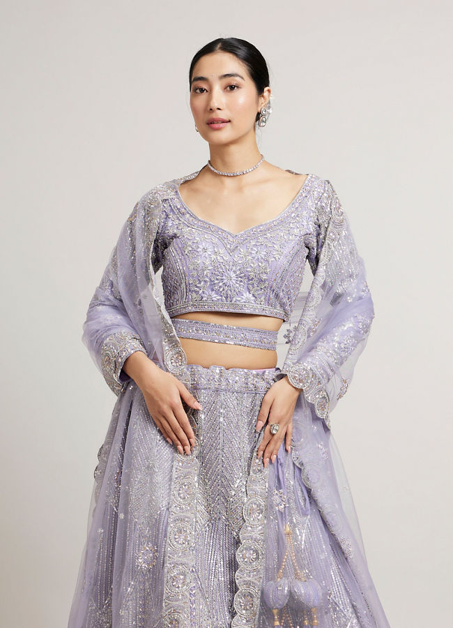 Mohey Women Ethereal Lilac Net Crop Top Bridal Lehenga with All Over Mirror Work
