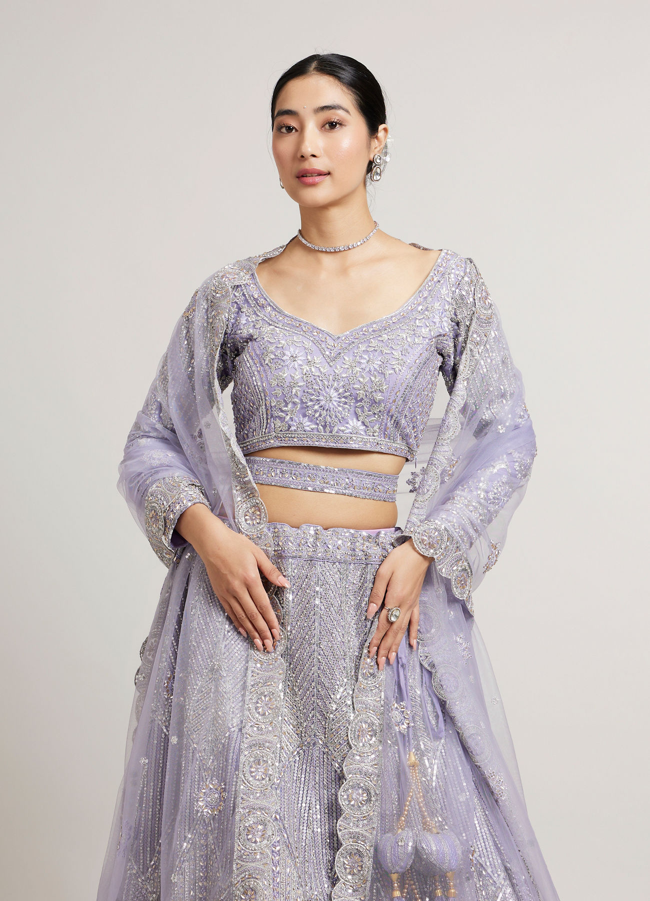 Mohey Women Ethereal Lilac Net Crop Top Bridal Lehenga with All Over Mirror Work