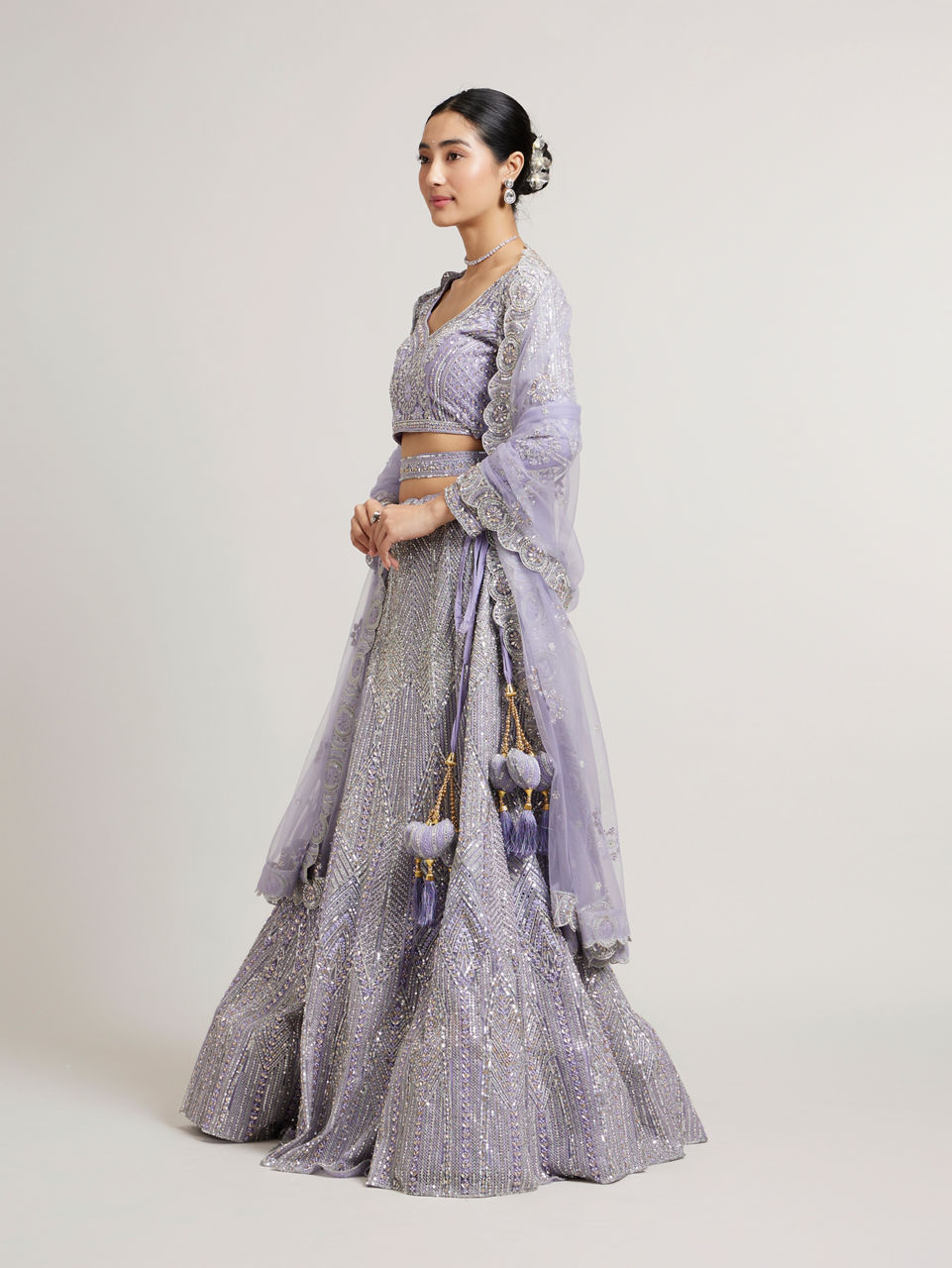 Mohey Women Ethereal Lilac Net Crop Top Bridal Lehenga with All Over Mirror Work