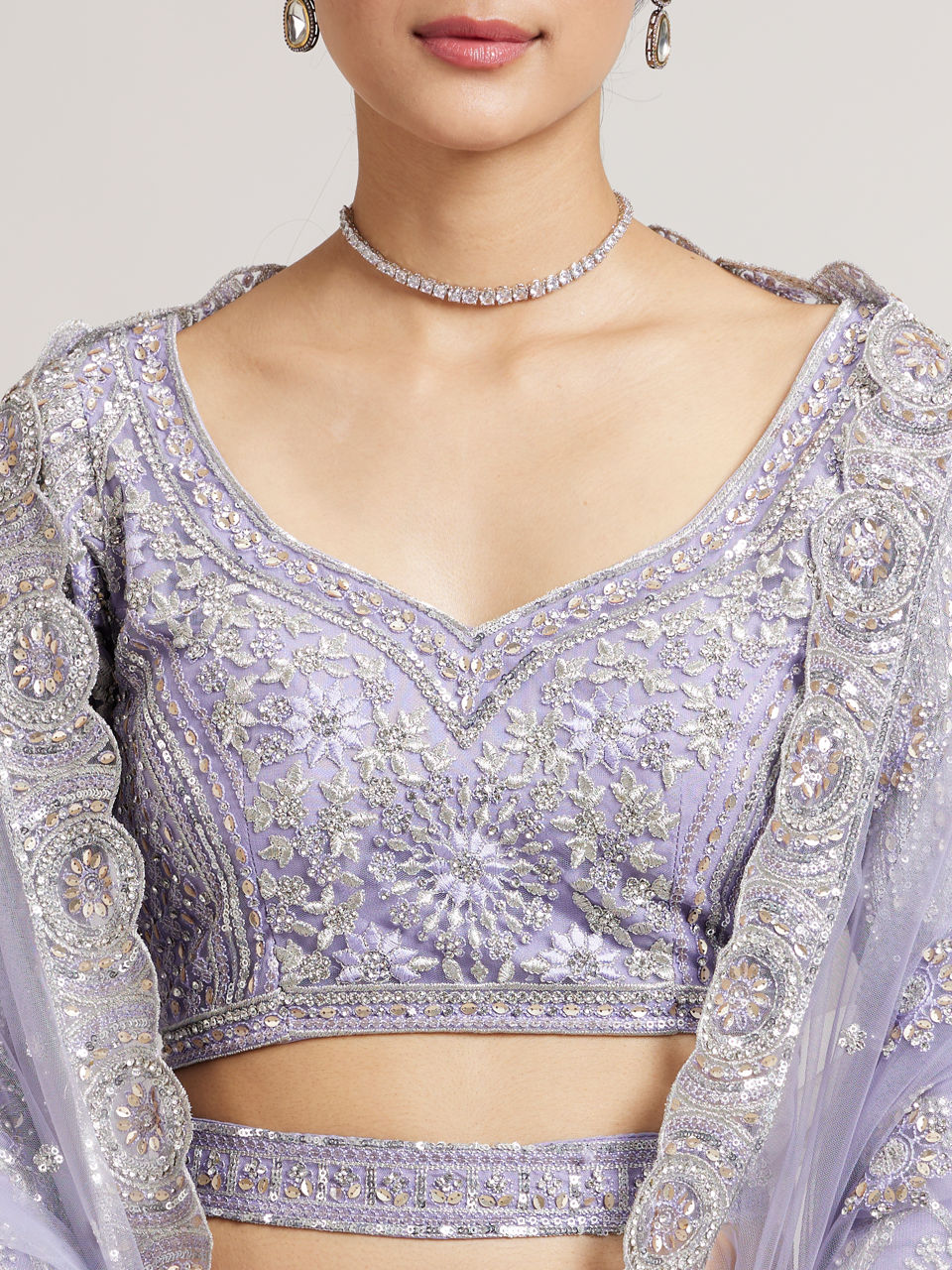 Mohey Women Ethereal Lilac Net Crop Top Bridal Lehenga with All Over Mirror Work