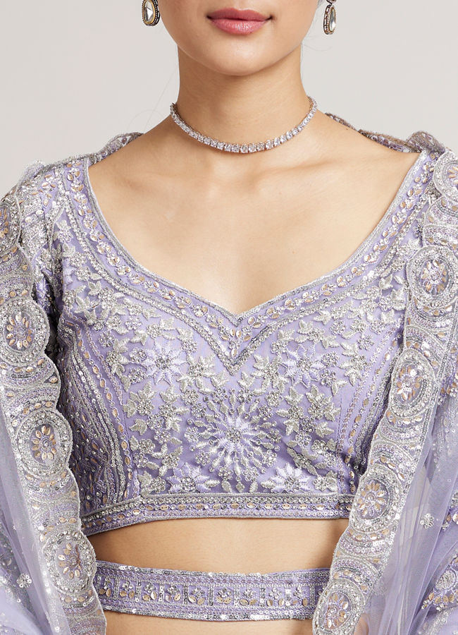 Mohey Women Ethereal Lilac Net Crop Top Bridal Lehenga with All Over Mirror Work