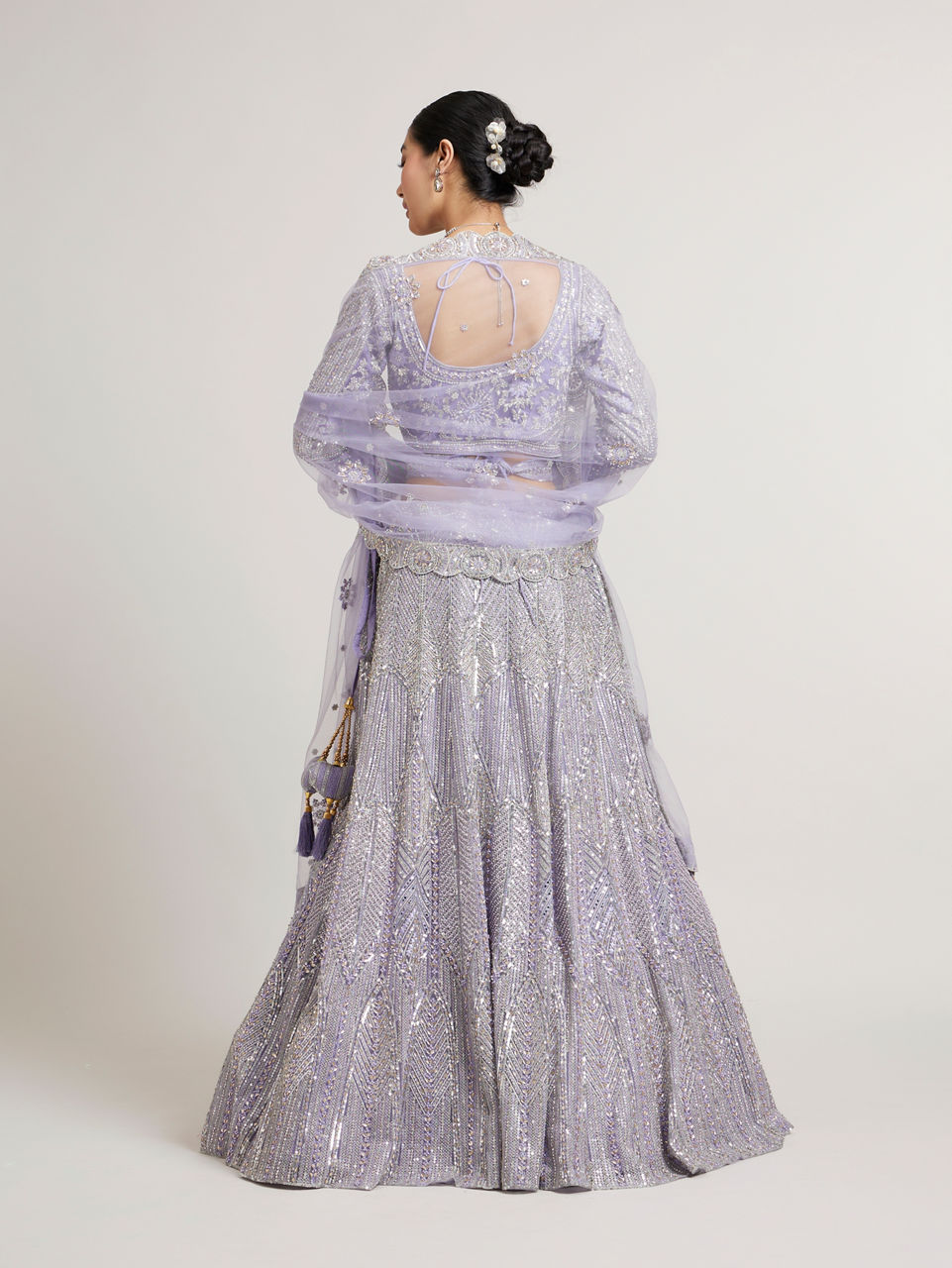 Mohey Women Ethereal Lilac Net Crop Top Bridal Lehenga with All Over Mirror Work