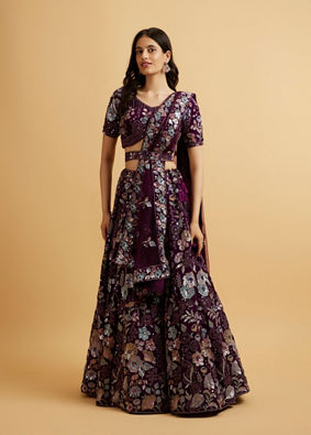 alt message - Mohey Women Wine Floral Embroidered Sequinned Lehenga image number 0