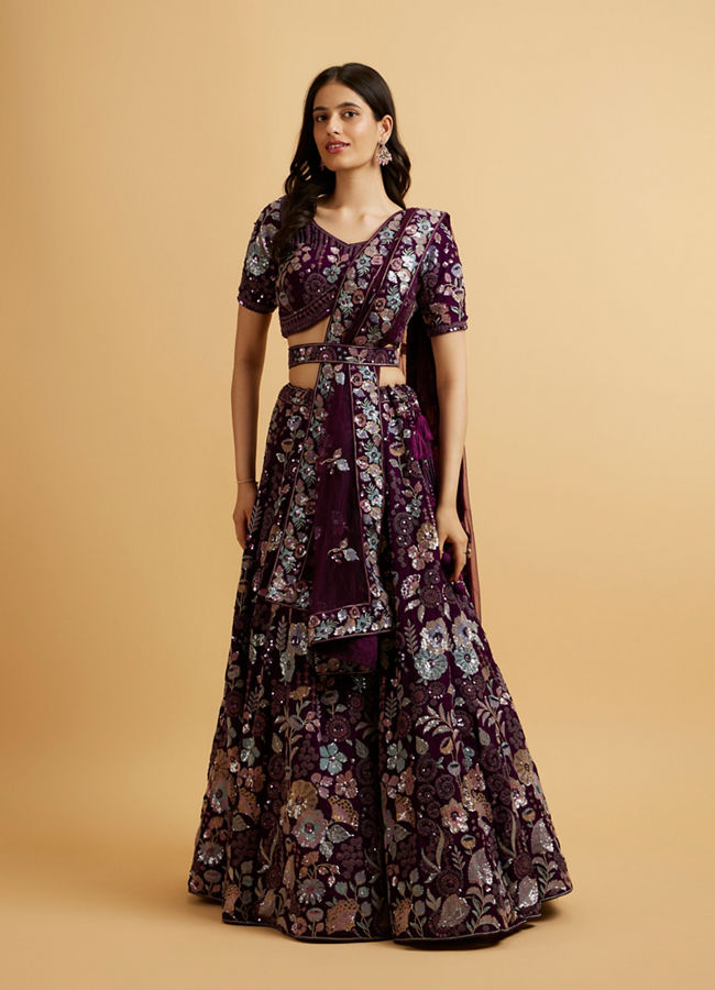 alt message - Mohey Women Wine Floral Embroidered Sequinned Lehenga image number 0