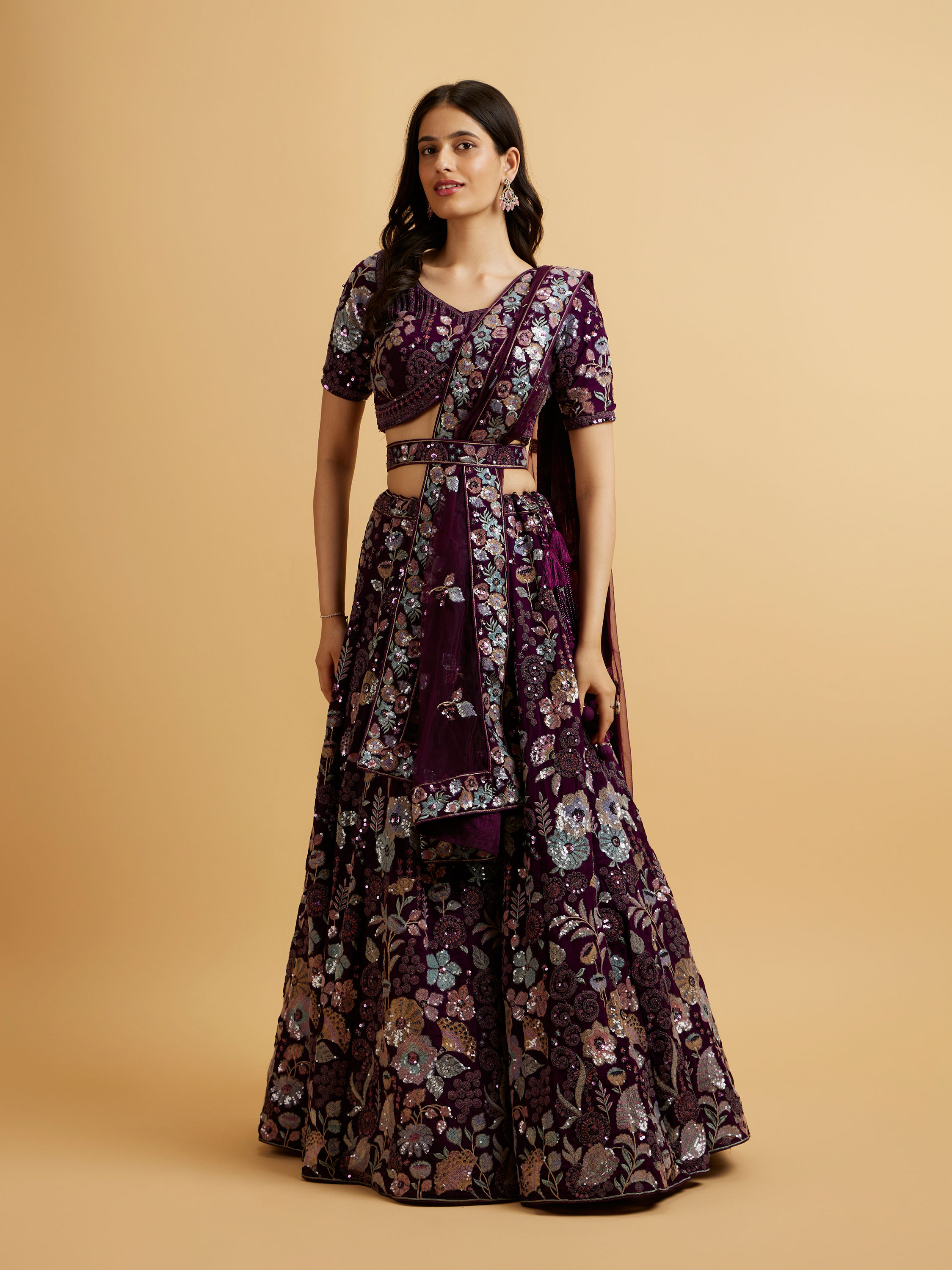 Mohey Women Wine Floral Embroidered Sequinned Lehenga