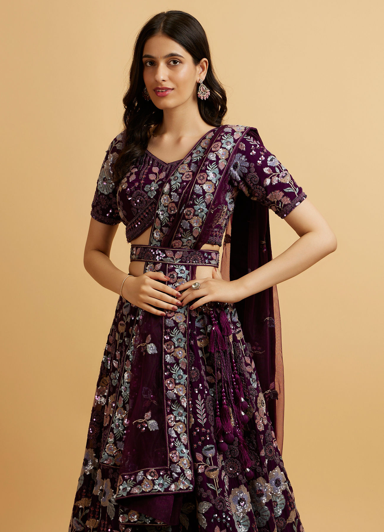 Mohey Women Wine Floral Embroidered Sequinned Lehenga