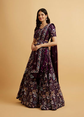 alt message - Mohey Women Wine Floral Embroidered Sequinned Lehenga image number 2
