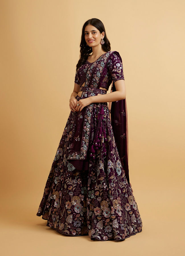 Mohey Women Wine Floral Embroidered Sequinned Lehenga