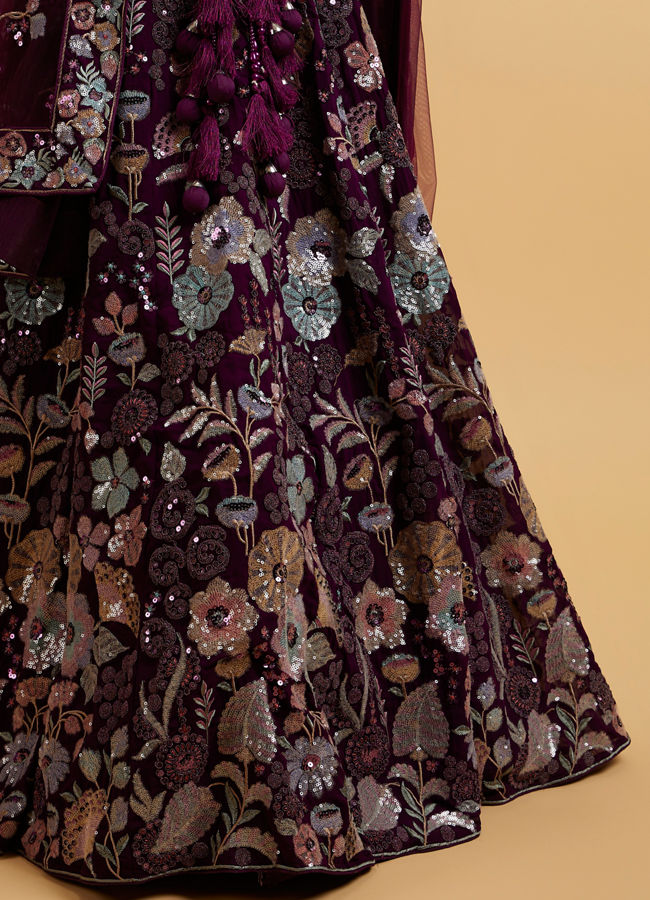 Mohey Women Wine Floral Embroidered Sequinned Lehenga