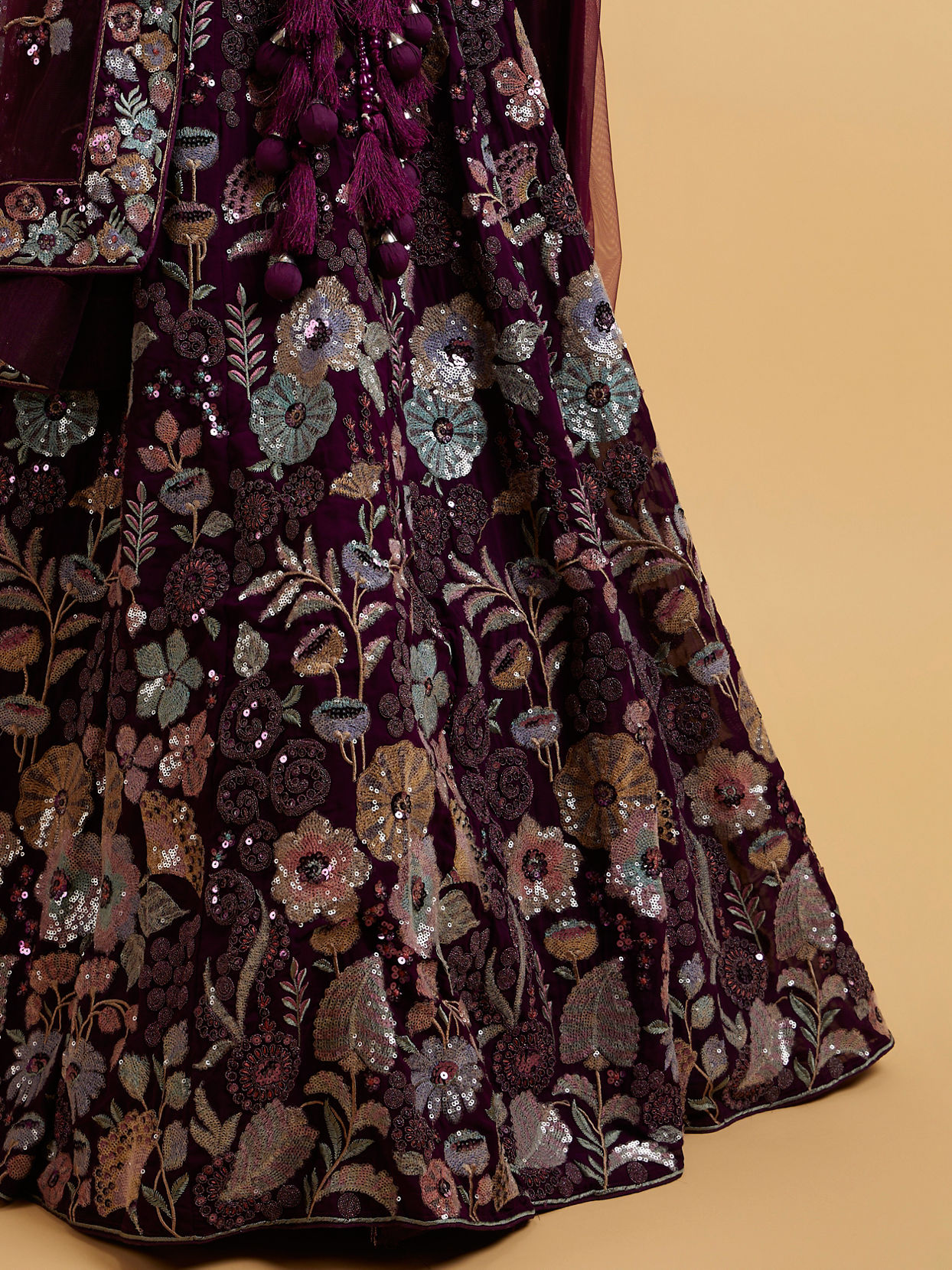 Mohey Women Wine Floral Embroidered Sequinned Lehenga