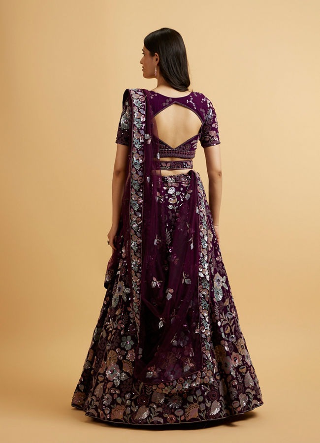 Mohey Women Wine Floral Embroidered Sequinned Lehenga