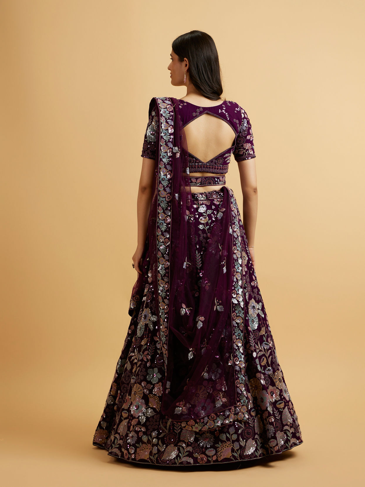 Mohey Women Wine Floral Embroidered Sequinned Lehenga