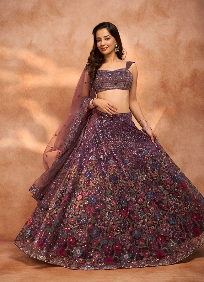 alt message - Mohey Women Exquisite Embroidered Net Lehenga image number 0