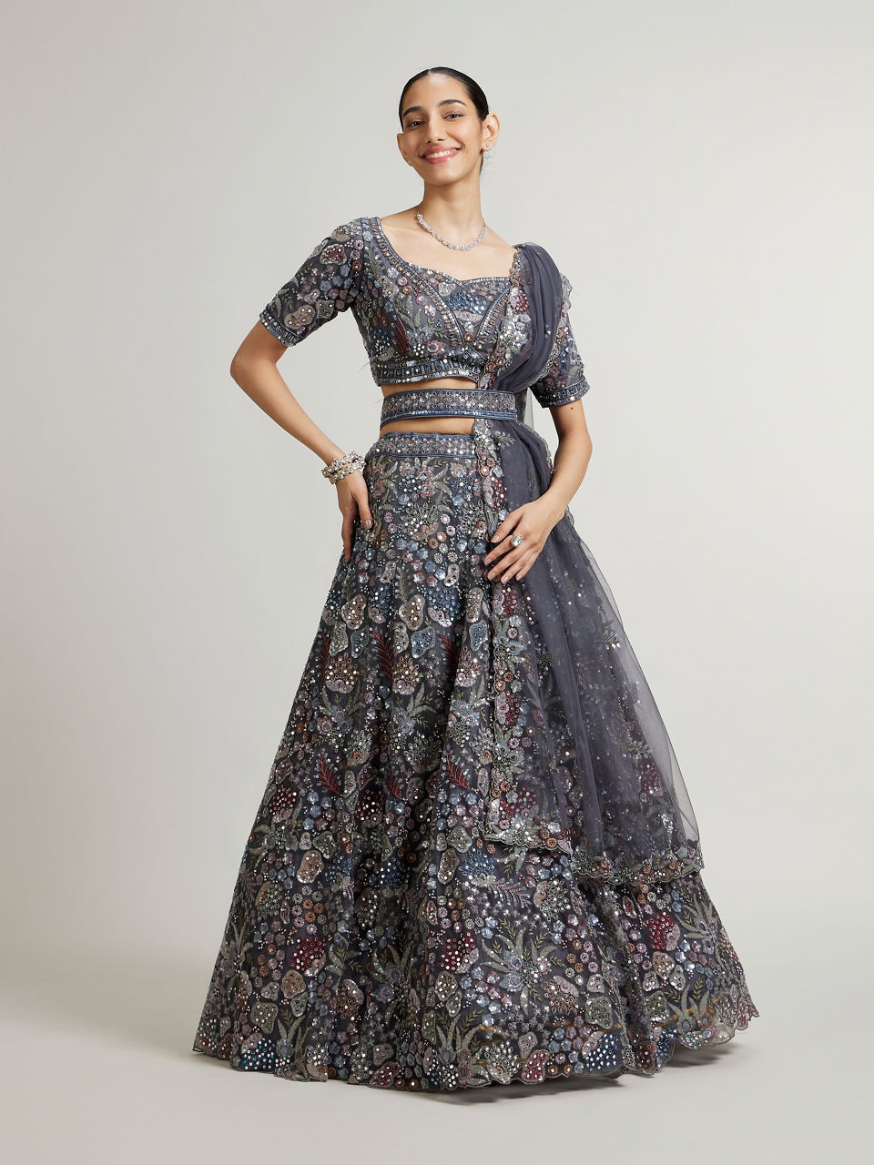 Mohey Women Space Grey Leaf & Floral Patterned Lehenga with Sequin & Mirror Work