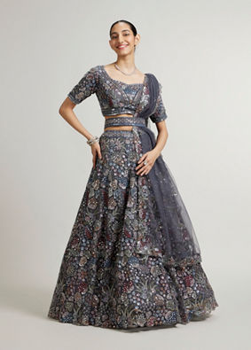 Mohey Women Space Grey Leaf & Floral Patterned Lehenga with Sequin & Mirror Work