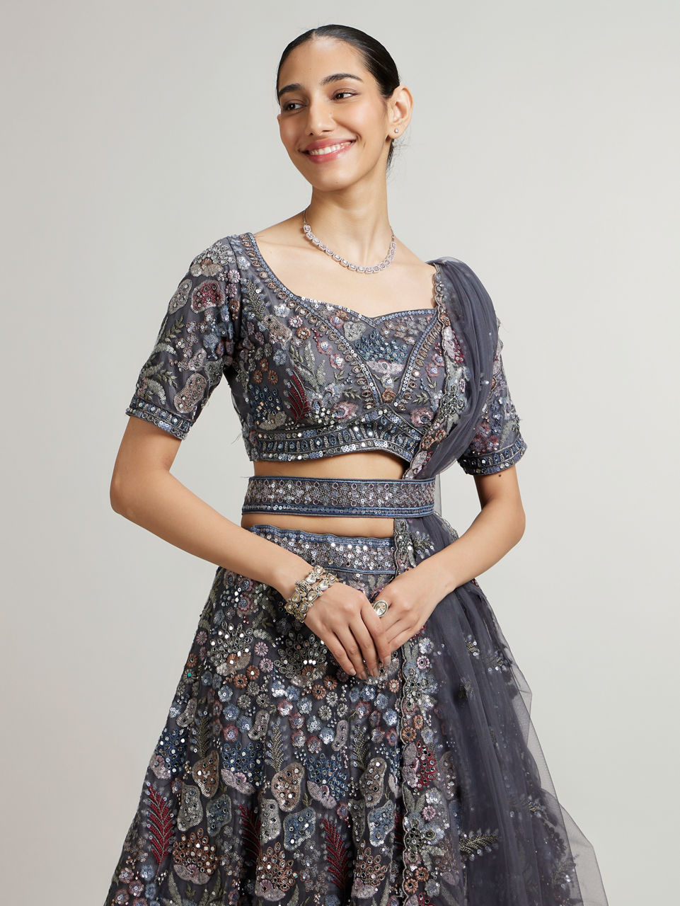 Mohey Women Space Grey Leaf & Floral Patterned Lehenga with Sequin & Mirror Work