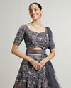 Mohey Women Space Grey Leaf & Floral Patterned Lehenga with Sequin & Mirror Work