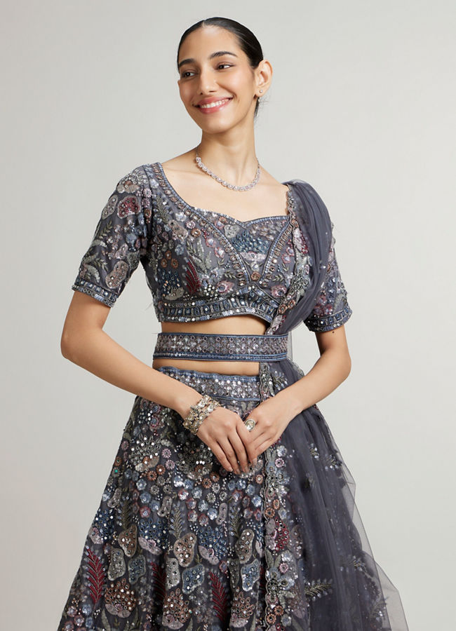 Mohey Women Space Grey Leaf & Floral Patterned Lehenga with Sequin & Mirror Work