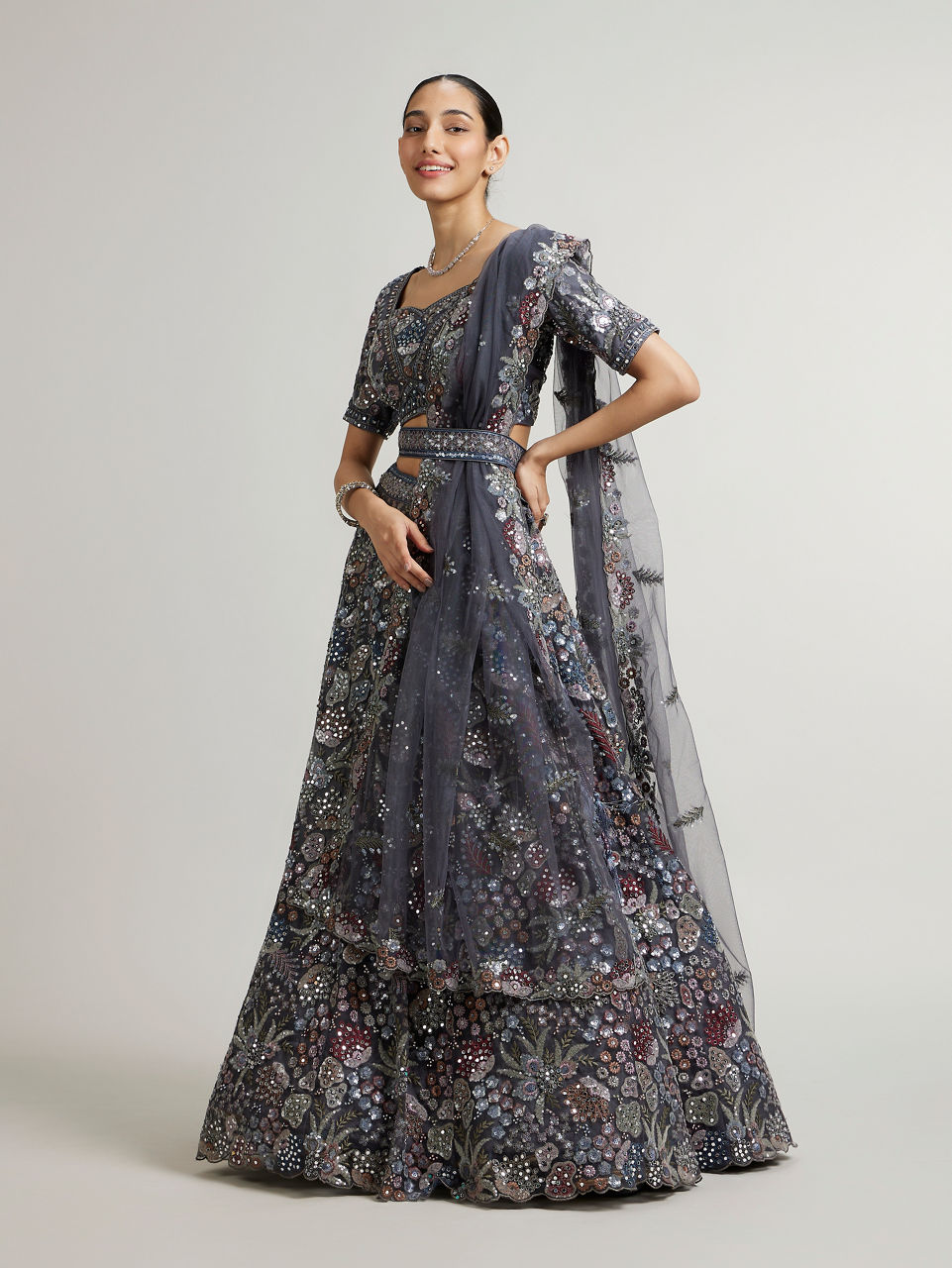 Mohey Women Space Grey Leaf & Floral Patterned Lehenga with Sequin & Mirror Work