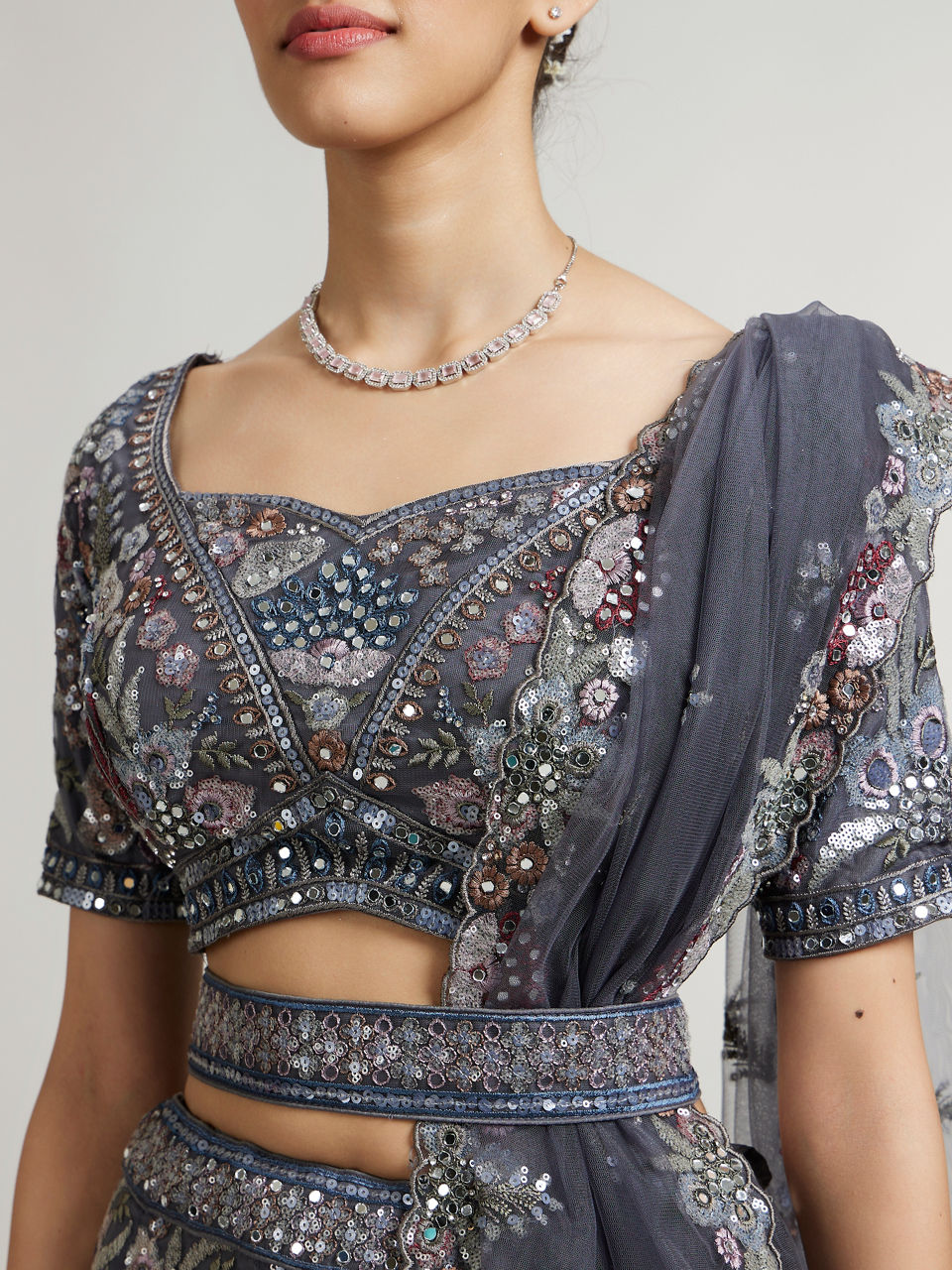 Mohey Women Space Grey Leaf & Floral Patterned Lehenga with Sequin & Mirror Work