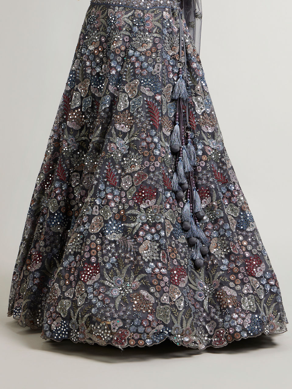 Mohey Women Space Grey Leaf & Floral Patterned Lehenga with Sequin & Mirror Work