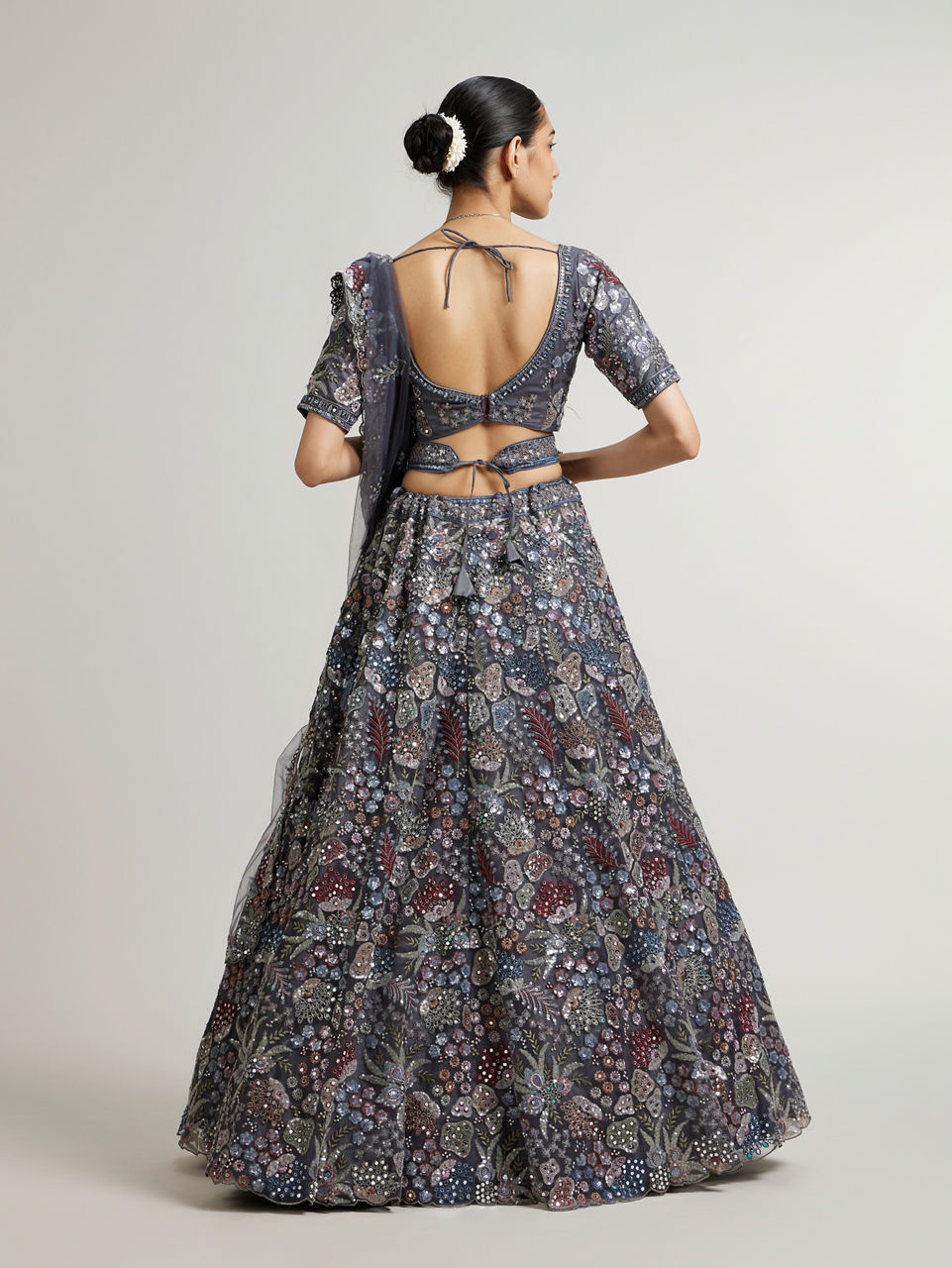 Mohey Women Space Grey Leaf & Floral Patterned Lehenga with Sequin & Mirror Work