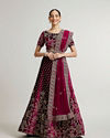 Mohey Women Dark Wine Bel Buti Patterned Bridal Lehenga with Aari Embroidery image number 0